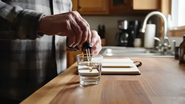 A man in his sixties at his kitchen counter squeezing one measure from a small amber bottle into a glass of water beside an open notebook