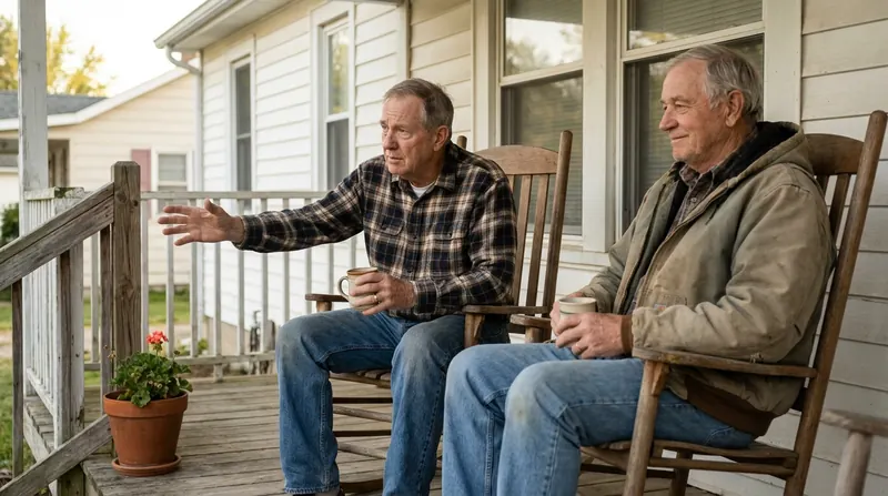 Two men in their late sixties talking over mugs of coffee on a front porch in the morning