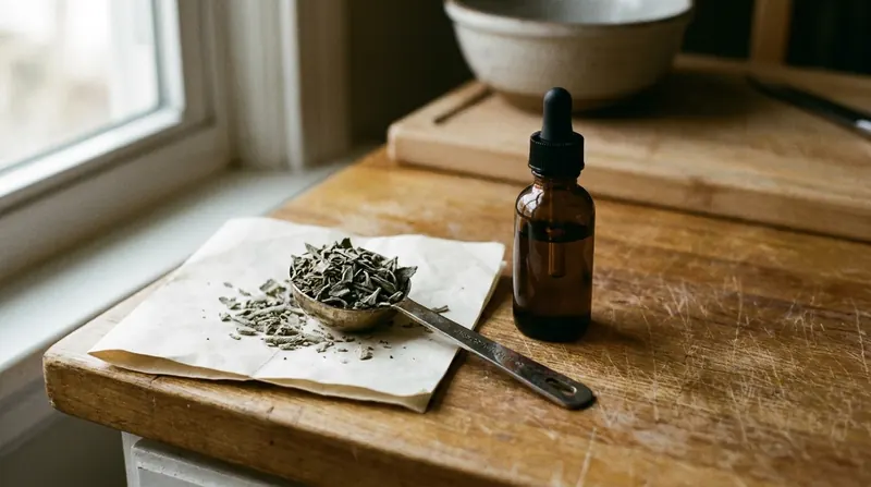 A level teaspoon of dried sage on a sheet of paper beside a small amber bottle with a black bulb