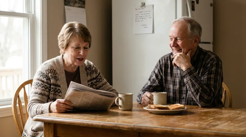 An older married couple talking and laughing over coffee at their kitchen table