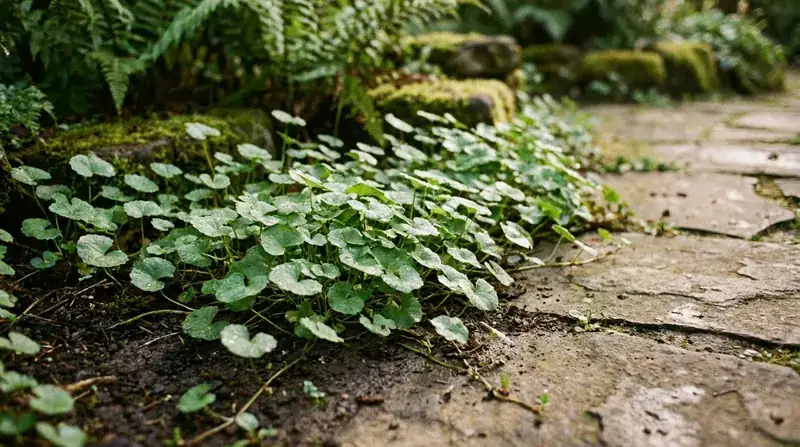 A creeping gotu kola plant with round scalloped leaves growing beside a stone path