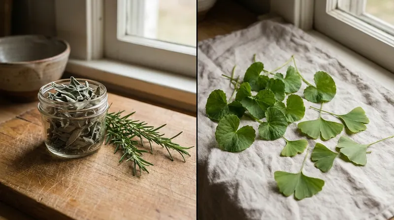 A split picture with kitchen sage and rosemary on one side and gotu kola and ginkgo leaves on the other