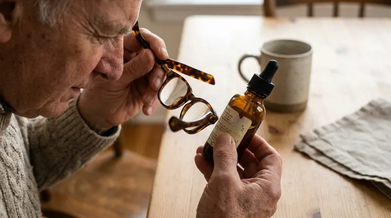 A man's hand holding reading glasses close to the side of a small amber bottle to read the small print