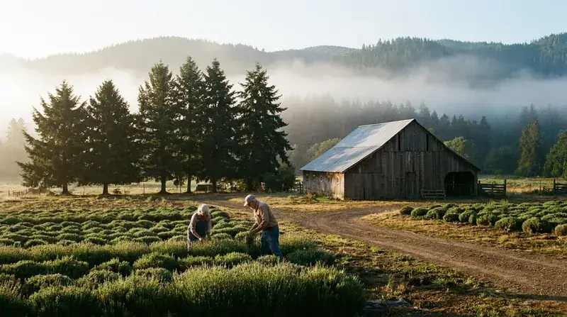 Rows of green herbs in a small Oregon valley farm at dawn with a barn and fir trees behind