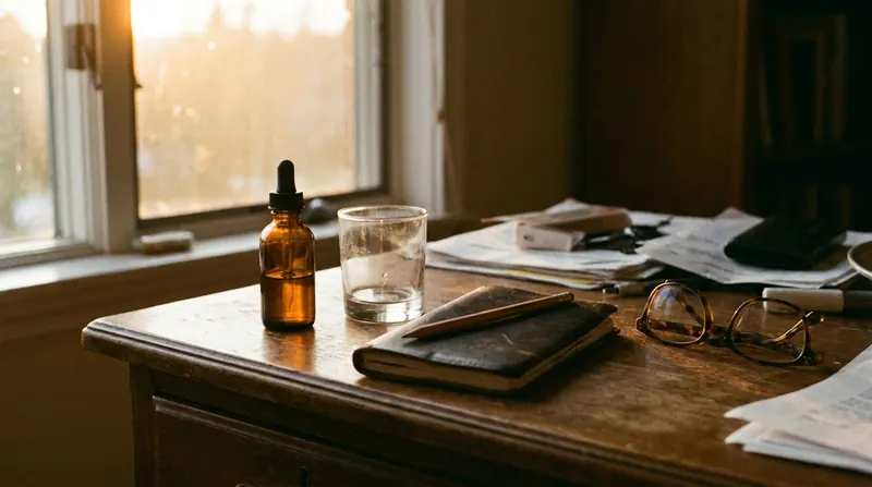 A desk at dusk with a small amber bottle, an empty glass, a closed notebook with a pencil and reading glasses
