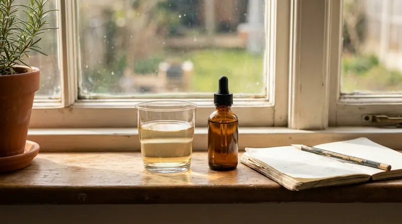 A short glass of water with a faint golden tint beside a small amber bottle and an open notebook on a sunny windowsill