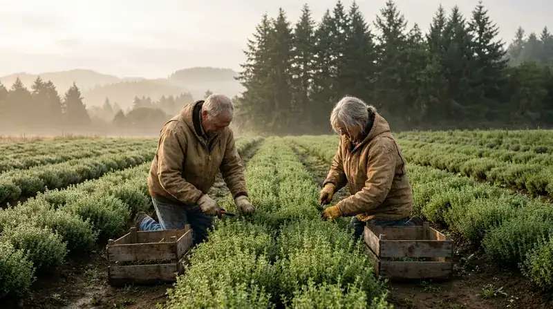 Two farm workers cutting green herbs by hand into wooden crates between rows on a small farm at dawn