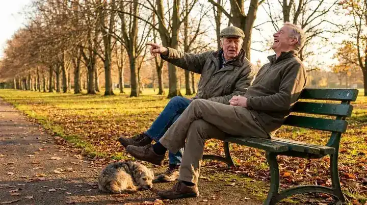 Two men in their late sixties talking and laughing on a park bench on an autumn afternoon