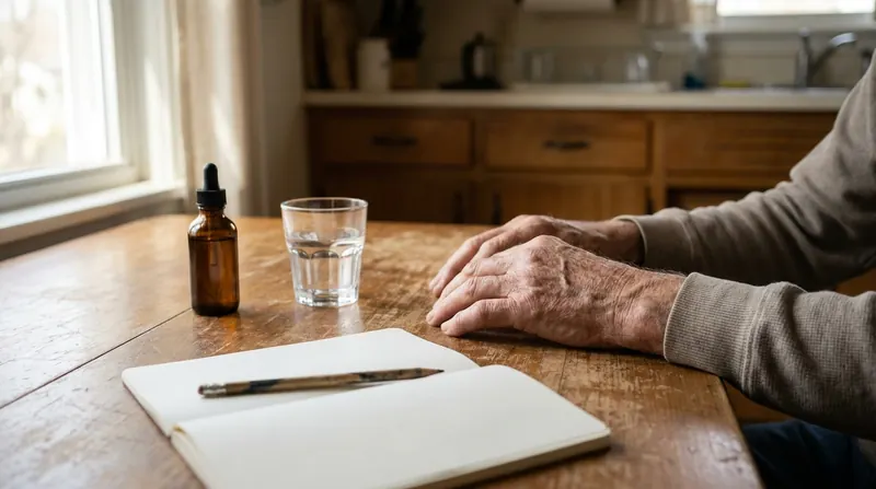 A man's hands on a kitchen table beside a glass of water, a small amber bottle and an open notebook