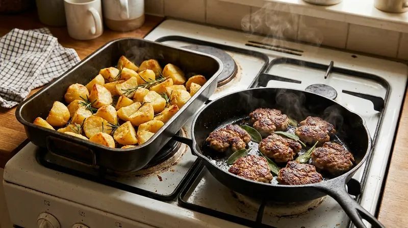 A pan of roast potatoes with rosemary beside a skillet of sausage with sage leaves on a stovetop