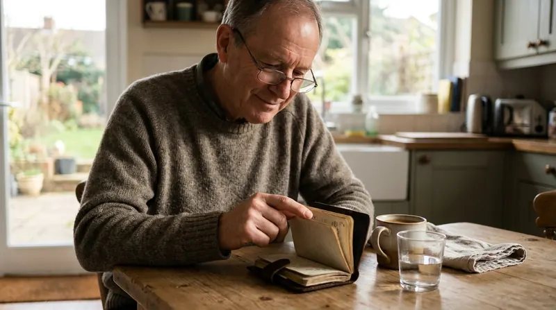 A man in his late sixties with reading glasses paging back through a small notebook at his kitchen table