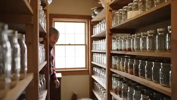 A man in his sixties stepping into a pantry, pausing to remember why, then reaching for a jar of dried herbs