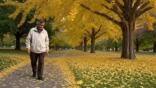A man in his sixties stopping on a park path to pick up a yellow ginkgo leaf and look up at the tree