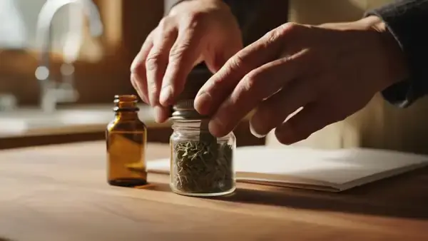 A man's hands measuring half a teaspoon of dried sage from a jar onto a sheet of paper beside a small amber bottle
