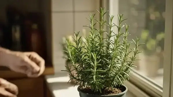 A man's hands rubbing a sprig of rosemary from a windowsill pot and lifting it to his nose