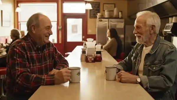 Two men in their sixties laughing over coffee at a diner counter as a glass of water is set down