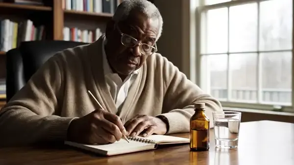 A man in his sixties writing in a pocket notebook at a desk with a small amber bottle and a glass of water beside him