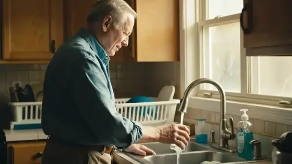 A man in his sixties filling a short glass of water at the kitchen sink and sipping it while looking out of the window
