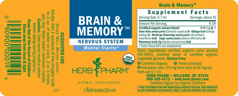 The unfolded label of Herb Pharm Brain & Memory showing the Supplement Facts panel, directions and cautions, from the seller's photograph