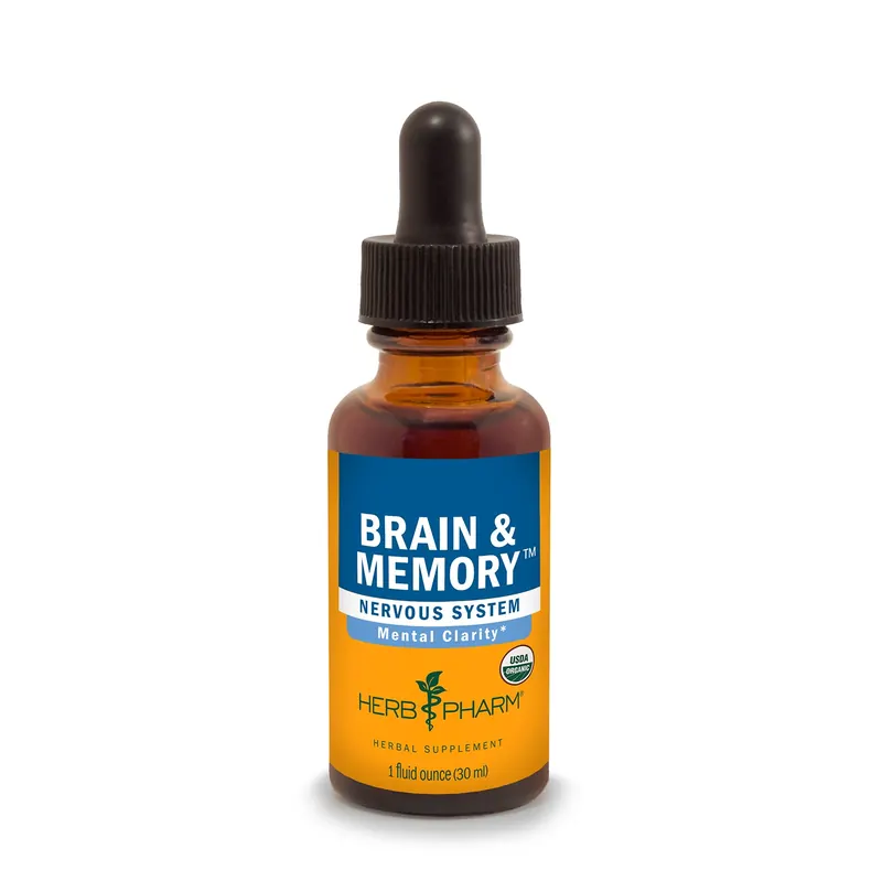 A one-ounce amber glass bottle of Herb Pharm Brain & Memory with a black bulb, from the seller's photograph